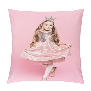 Personality  Full Length Of Cheerful Little Girl In Dress And Crown Posing On Pink  Pillow Covers