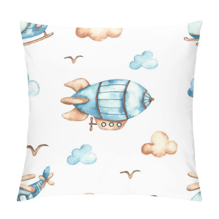 Personality  Airship, Helicopter, Clouds On White Background. Watercolor Seamless Boho Pattern For Boys Pillow Covers