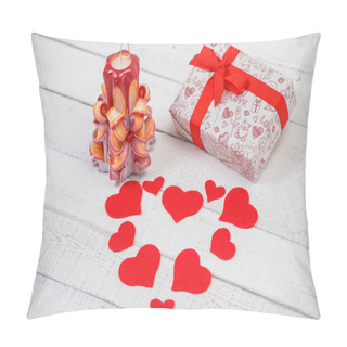 Personality  St. Valentine's Day: One Carved Candle, Hearts From Felt And A Gift With  Red Tape. Pillow Covers