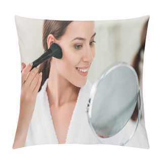 Personality  Beautiful Smiling Brunette Girl In Bathrobe Applying Powder Bronzer With Brush Pillow Covers
