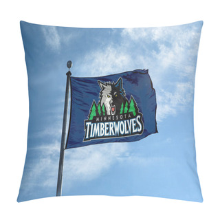 Personality  MINNESOTA - October 24, 2017 - Waving Flag On The Mast With Minnesota Timberwolves NBA Basketball Team Logo, United States. Pillow Covers