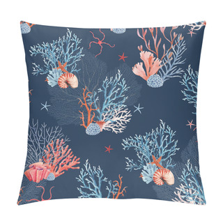 Personality  Beautiful Seamless Underwater Pattern With Watercolor Sea Life Coral Shell And Starfish. Stock Illustration. Pillow Covers