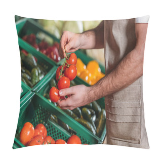 Personality  Partial View Of Shop Assistant Arranging Fresh Vegetables In Grocery Shop Pillow Covers