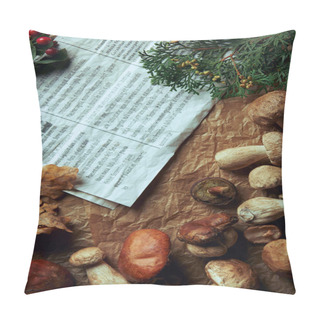 Personality  Top View Of Fresh Assorted Edible Mushrooms And Newspaper Pillow Covers