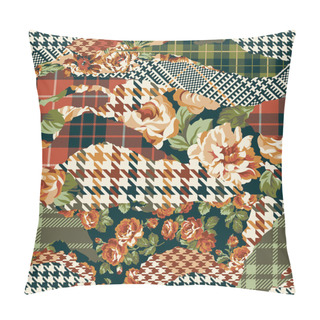 Personality  Houndstooth Tartan And Roses Fabric Patchwork Vector Seamless Pattern Pillow Covers