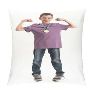Personality  Full Length Shot Of Happy Teenaged Disabled Boy With Cerebral Palsy Wearing Gold Medal, Smiling At Camera, Raising Clenched Fists, Feeling Strong, Standing Isolated Over White Background Pillow Covers