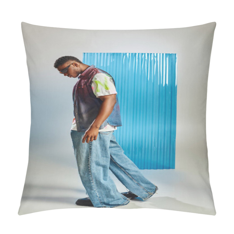 Personality  Side View Of Fashionable Afroamerican Model In Sunglasses, Denim Vest And Jeans Walking On Grey With Blue Polycarbonate Sheet At Background, Sustainable Fashion, DIY Clothing Pillow Covers