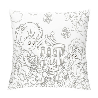 Personality  Cute Little Girl Playing With A Small Doll, A Bear, A Rabbit And A Toy House Among Flowers On A Sunny Summer Day, Black And White Vector Illustration In A Cartoon Style  Pillow Covers