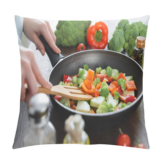 Personality  Partial View Of Woman Mixing Sliced Vegetables On Frying Pan With Spatula  Pillow Covers