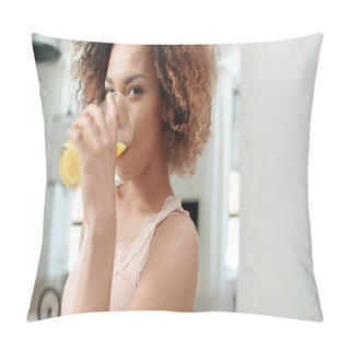 Personality  Happy Mixed Race Woman Holding Orange Juice And Looking To Camera. Pillow Covers