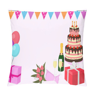 Personality  Happy Birthday Vector Greeting Card Background With Colorful Balloons, Gift Box With Ribbons, Flowers, Large Cake With Candels, Flags And Bottle Of Champagne. Pillow Covers