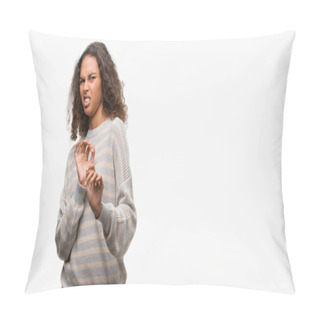 Personality  Beautiful Young Hispanic Woman Wearing Stripes Sweater Disgusted Expression, Displeased And Fearful Doing Disgust Face Because Aversion Reaction. With Hands Raised. Annoying Concept. Pillow Covers