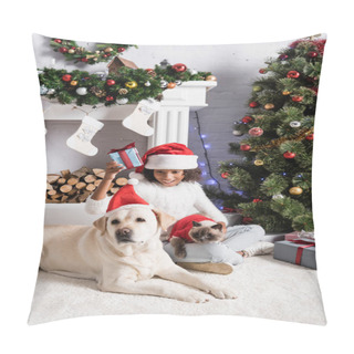 Personality  Happy African American Girl Holding Gift Box While Sitting With Dog And Cat Near Christmas Tree And Fireplace Pillow Covers