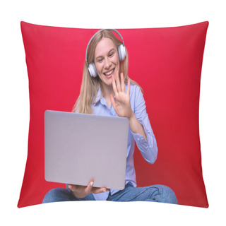 Personality  Young Woman Makes Video Call From Laptop Pillow Covers