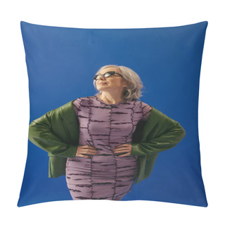 Personality  Senior Model In Sunglasses And Fashionable Outfit Posing With Hands On Waist Isolated On Blue Pillow Covers