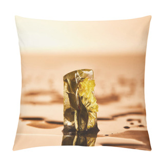 Personality  Transparent Ice Cube With Frozen Flower On Wet Surface On Yellow Illuminated Background Pillow Covers