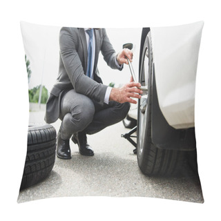 Personality  Cropped Image Of Businessman Changing Tires On Car On Road Pillow Covers