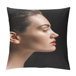 Personality  Profile Portrait Of Attractive Stylish Girl With Makeup, Isolated On Black Pillow Covers