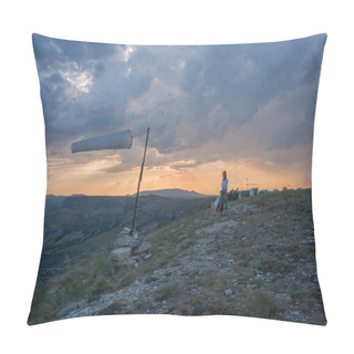 Personality  Woman Walking In Beautiful Mountainous Landscape With Windsock Waving In Crimea, Ukraine, May 2013 Pillow Covers