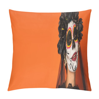 Personality  Portrait Of Smiling Woman In Spooky Halloween Makeup And Black Wreath Isolated On Orange, Banner Pillow Covers