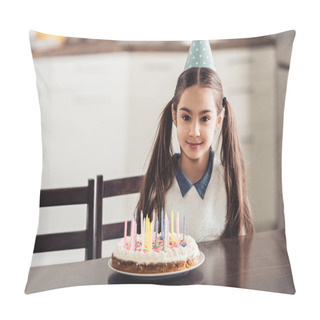 Personality  Cheerful Latin Kid In Party Cap Sitting Near Birthday Cake With Candles At Home Pillow Covers