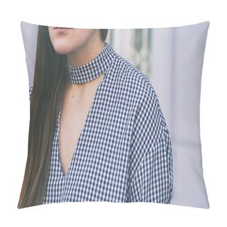 Personality  Close Up Fashion Details. Woman Wearing A Gingham Checked Top. Ideal Spring Outfit Accessories.fashion Blogger Posing On The Street Pillow Covers