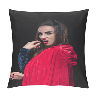 Personality  Dreadful Vampire Woman In Red Cloak Showing Her Teeth Isolated On Black Pillow Covers