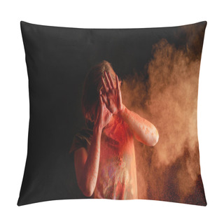 Personality  Woman Covering Face From Orange Colorful Holi Paint Cloud On Black Background Pillow Covers