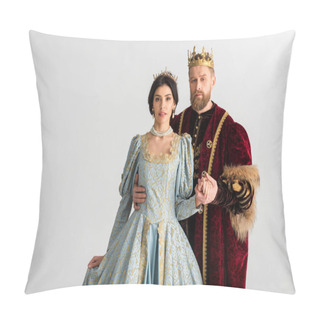 Personality  Handsome King Hugging Queen With Crown Isolated On Grey  Pillow Covers