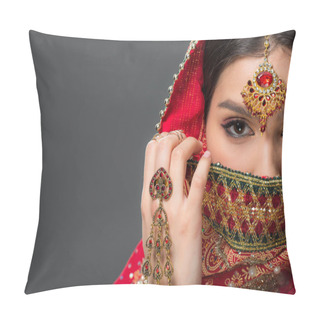 Personality  Indian Woman Posing In Traditional Sari And Bindi, Isolated On Grey  Pillow Covers