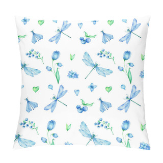 Personality Seamless Pattern With Dragonflies, Flowers, Leaves, Berries And Green And Blue Hearts; Watercolor Hand Draw Illustration; With White Isolated Background Pillow Covers