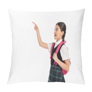 Personality  Amazed Schoolgirl Posing With Finger Away, Looking At Something, Standing With Backpack, Student Pillow Covers