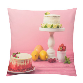 Personality  Cake Decorated With Currants And Mint Leaves Near Fruits And White Cake On Pink Wooden Surface Isolated On Pink Pillow Covers