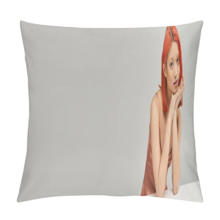 Personality  Captivating Asian Woman In Silk Pink Slip Dress Looking At Camera On Grey Background, Banner Pillow Covers