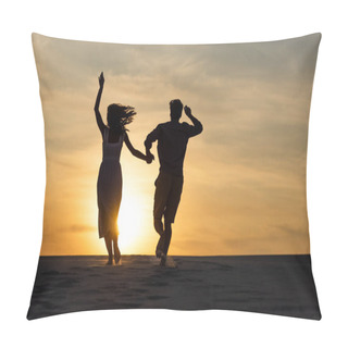 Personality  Silhouettes Of Man And Woman Running On Beach Against Sun During Sunset Pillow Covers
