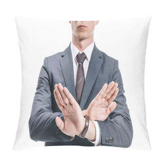 Personality  Cropped Image Of Businessman In Suit Showing Rejection Sign Isolated On White Pillow Covers