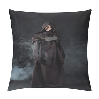 Personality  Full Length View Of Woman In Death Costume Holding Cleaver In Smoke On Black Pillow Covers