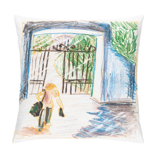 Personality  Sketch Of Man Goes To Gate Of City Park In Summer Hand-drawn By Color Pencils On White Paper Pillow Covers