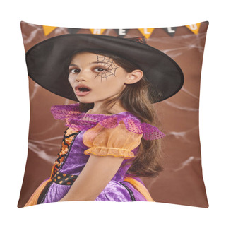 Personality  Shocked Little Witch In Halloween Costume And Pointed Hat On Brown Backdrop, Surprised Girl Pillow Covers