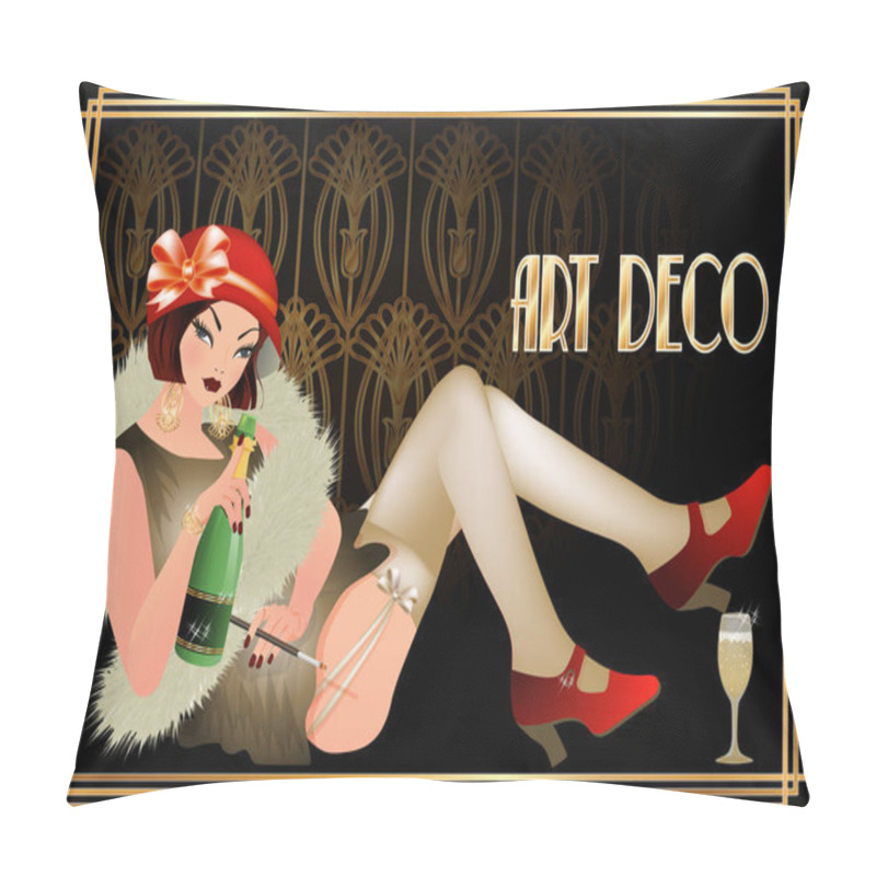 Personality  Flapper girl with champagne, art deco style, vector illustration pillow covers