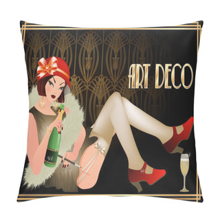 Personality  Flapper Girl With Champagne, Art Deco Style, Vector Illustration Pillow Covers