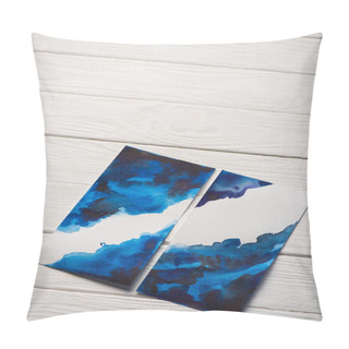 Personality  High Angle View Of Paper With Japanese Painting With Bright Blue Watercolor On Wooden Surface Pillow Covers