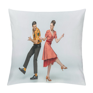 Personality  Young Dancers Holding Hands While Dancing Boogie-woogie On Grey Background Pillow Covers