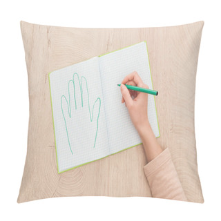 Personality  Cropped View Of Female Hand On Opened Notebook Near Drawn Human Palm Pillow Covers