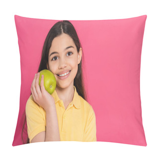 Personality  Portrait Of Happy Brunette Girl Holding Green And Fresh Apple Isolated On Pink, Vibrant Backdrop Pillow Covers