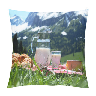 Personality  Milk, Cheese And Bread Against Alpine Scenery Pillow Covers