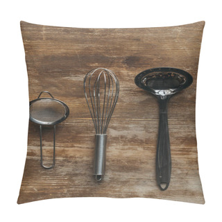 Personality  Top View Of Metallic Kitchen Utensils On Wooden Table Pillow Covers