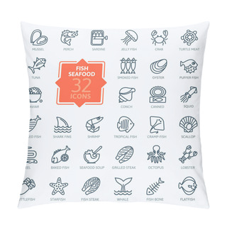 Personality  Fish And Seafood - Outline Icon Collection, Vector Pillow Covers