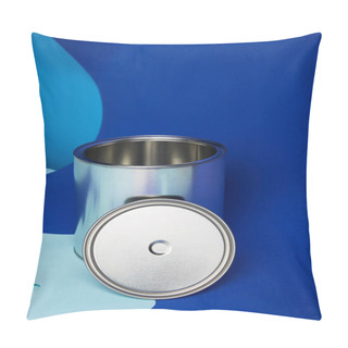 Personality  Silver Can On Dripping Paper Cut Paint On Bright Blue Background Pillow Covers