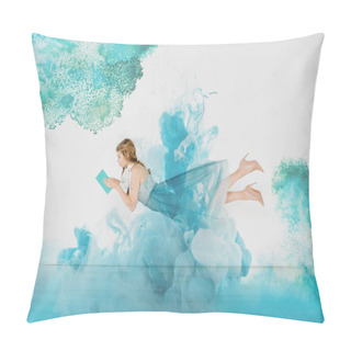 Personality  Girl In Blue Dress Reading Book With Clouds Illustration  Pillow Covers